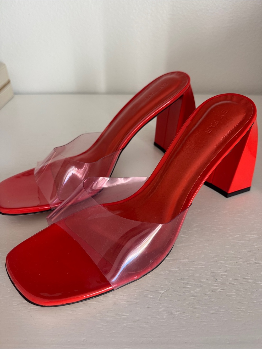 BY FAR Red Vinyl Strap Block Heel Mules